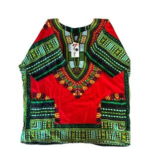 Advance Apparels Mens Dashiki Shirt Red Rasta Tribal Print VNeck Tunic Large NEW